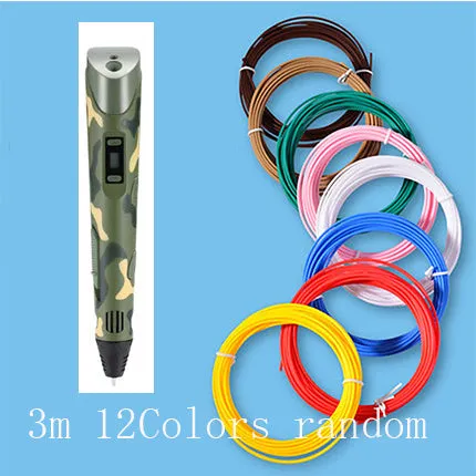 Yellow 3D printing pen with PLA filament spool on a white surface, showing nozzle and controls