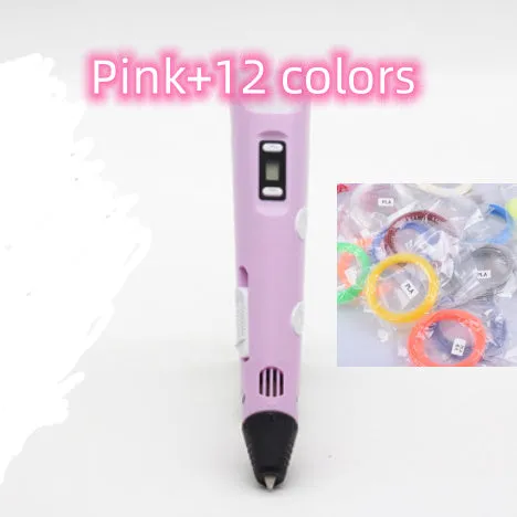 Yellow 3D printing pen with PLA filament spool on a white surface, showing nozzle and controls