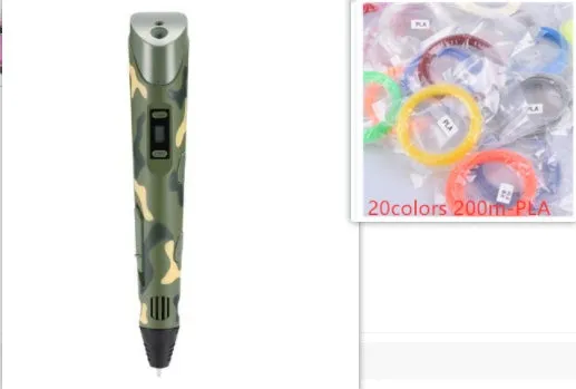 Yellow 3D printing pen with PLA filament spool on a white surface, showing nozzle and controls
