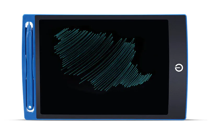 LCD writing tablet with blue green bold font, black frame, pen writing on screen, 150x122mm