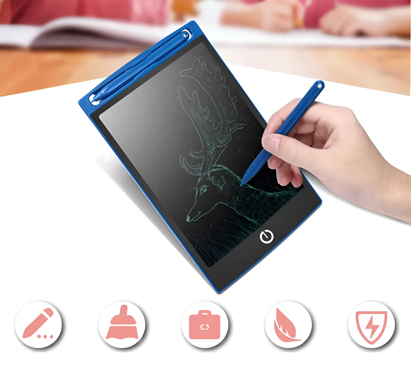 LCD writing tablet with blue green bold font, black frame, pen writing on screen, 150x122mm