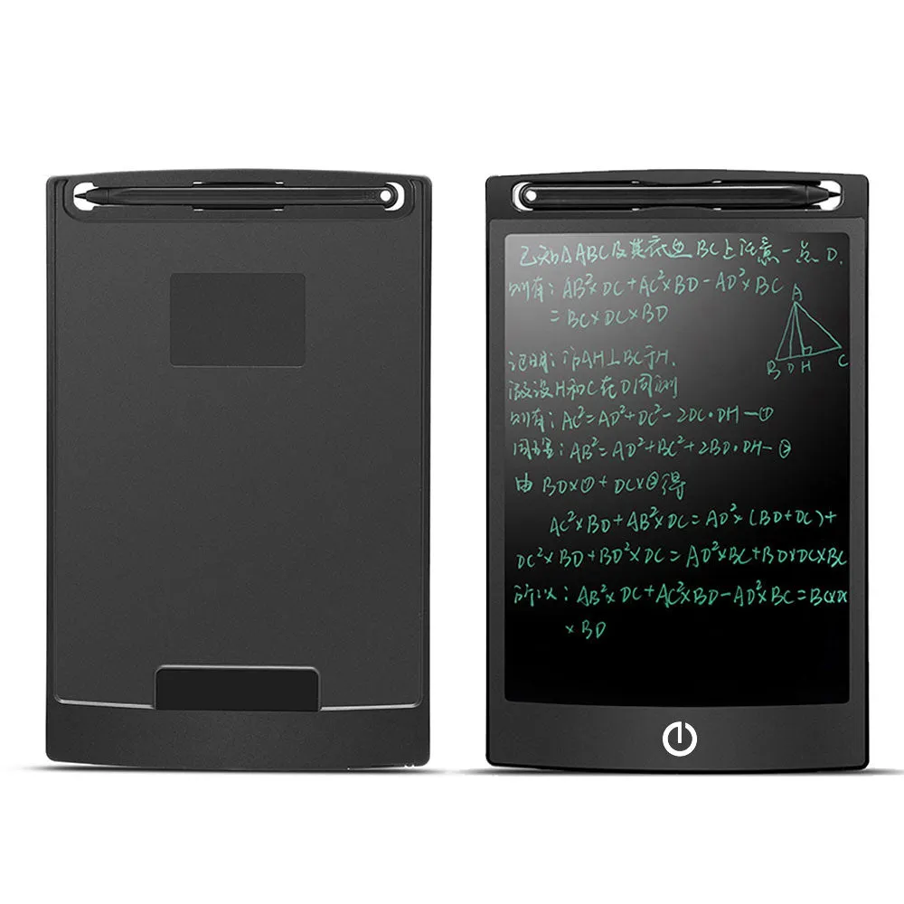 LCD writing tablet with blue green bold font, black frame, pen writing on screen, 150x122mm