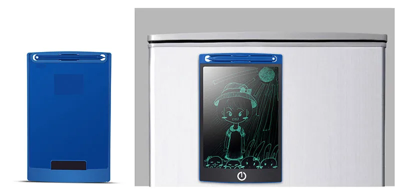 LCD writing tablet with blue green bold font, black frame, pen writing on screen, 150x122mm