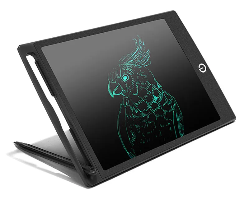 LCD writing tablet with blue green bold font, black frame, pen writing on screen, 150x122mm