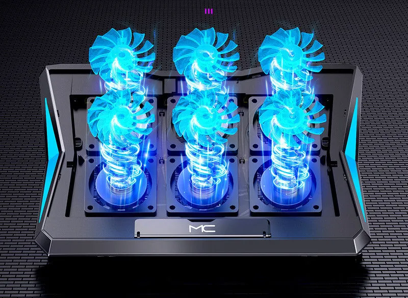 Black laptop cooling base with metal mesh surface and six fans on a desk