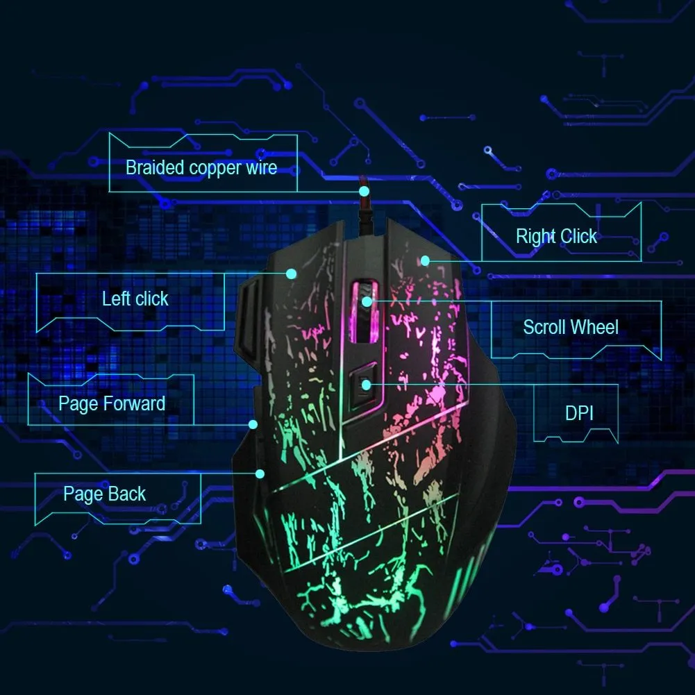 Ultra-thin transparent black wired USB gaming mouse with luminous glow and seven buttons