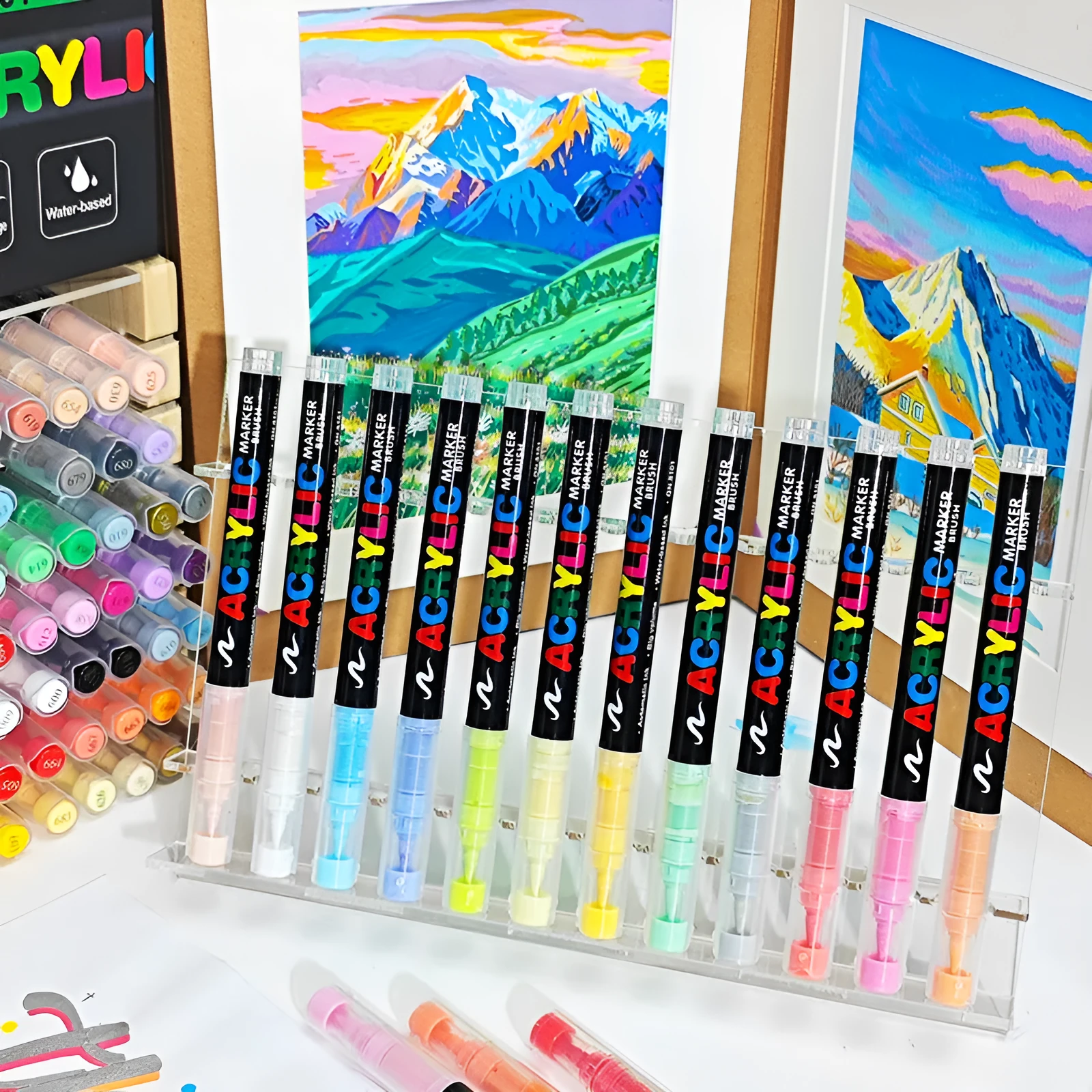 Set of straight liquid acrylic marker pens with soft heads for painting and graffiti art.