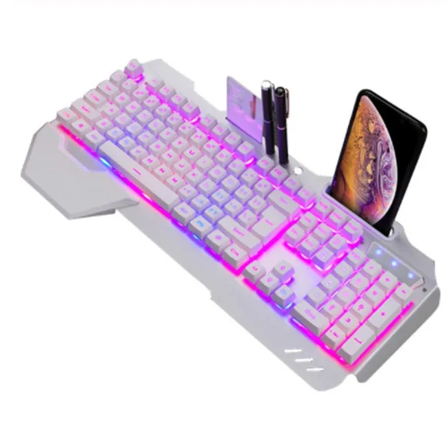 Black wired gaming keyboard with RGB backlight, floating keycaps, phone holder slot, pen slot, and card slot on a desk
