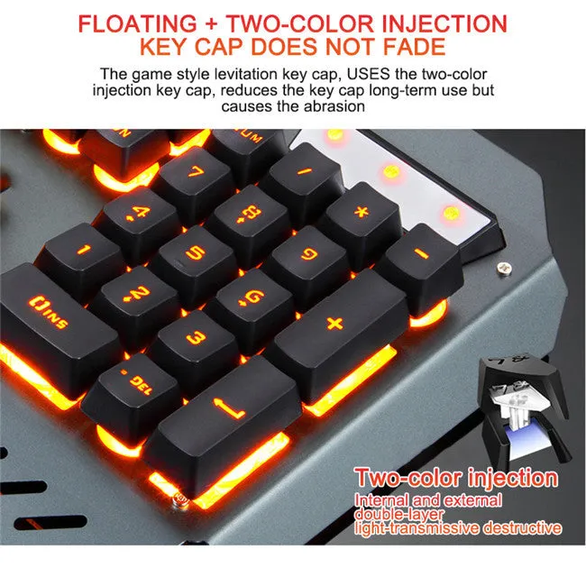 Black wired gaming keyboard with RGB backlight, floating keycaps, phone holder slot, pen slot, and card slot on a desk