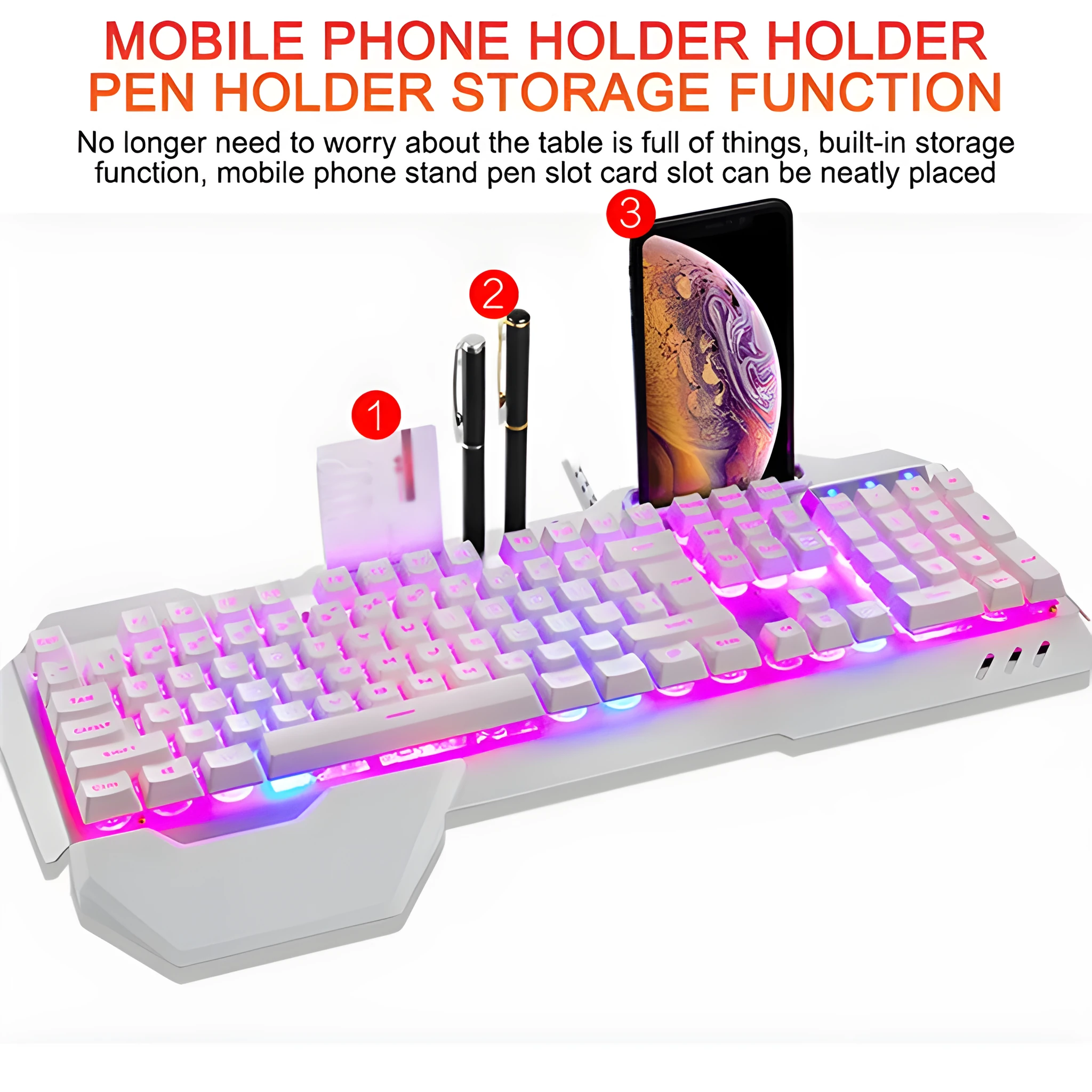 Black wired gaming keyboard with RGB backlight, floating keycaps, phone holder slot, pen slot, and card slot on a desk