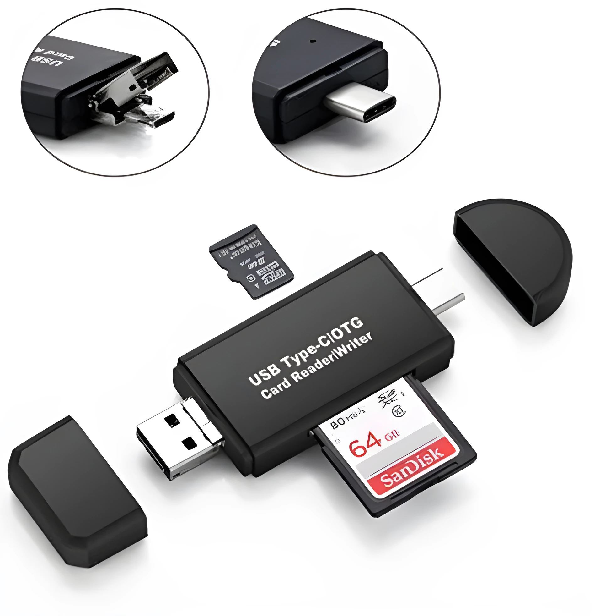 Smart Three-In-One Card Reader with micro USB and USB 2.0 connectors for Android devices, Black, ABS casing