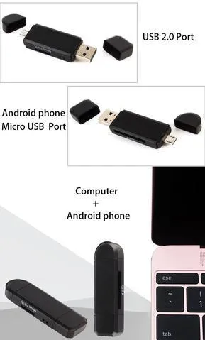 Smart Three-In-One Card Reader with micro USB and USB 2.0 connectors for Android devices, Black, ABS casing