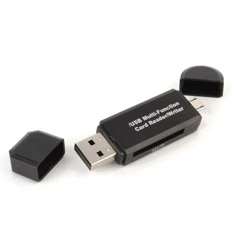 Smart Three-In-One Card Reader with micro USB and USB 2.0 connectors for Android devices, Black, ABS casing