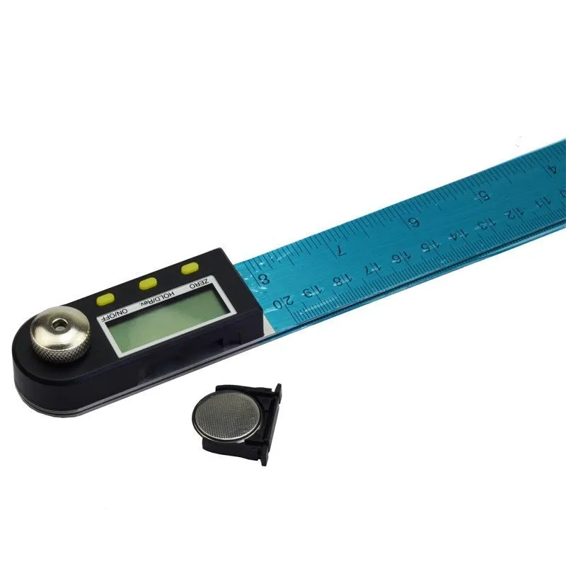 Stainless steel digital angle ruler with display on a wooden workbench showing a 45-degree angle