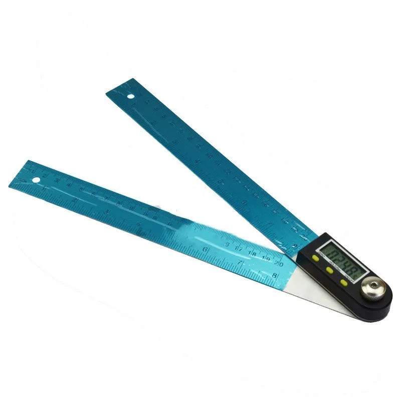 Stainless steel digital angle ruler with display on a wooden workbench showing a 45-degree angle