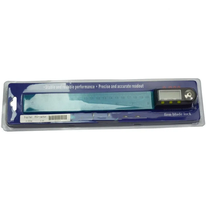 Stainless steel digital angle ruler with display on a wooden workbench showing a 45-degree angle