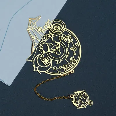 Twelve Constellations Series metal bookmark with brass hollowed-out zodiac design