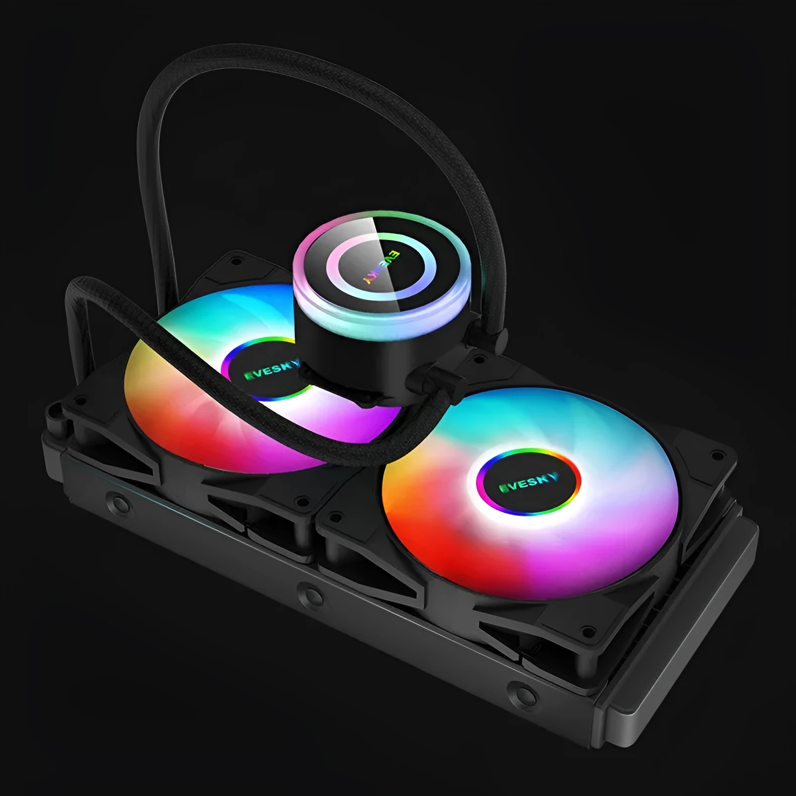 CPU radiator with RGB fans mounted on an aluminium heatsink for PC cooling