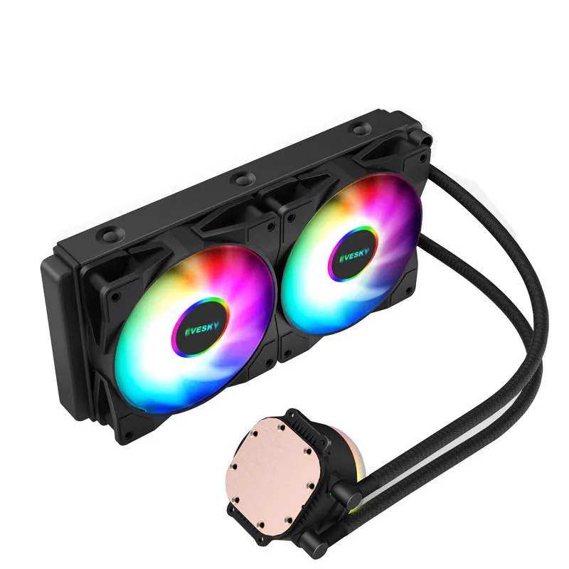 CPU radiator with RGB fans mounted on an aluminium heatsink for PC cooling