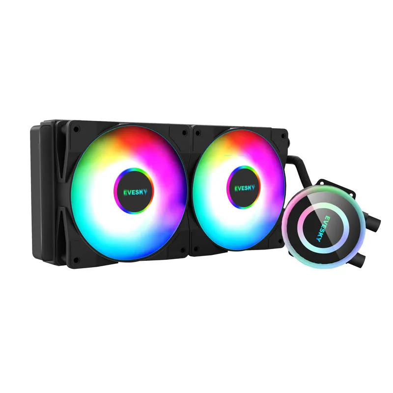 CPU radiator with RGB fans mounted on an aluminium heatsink for PC cooling