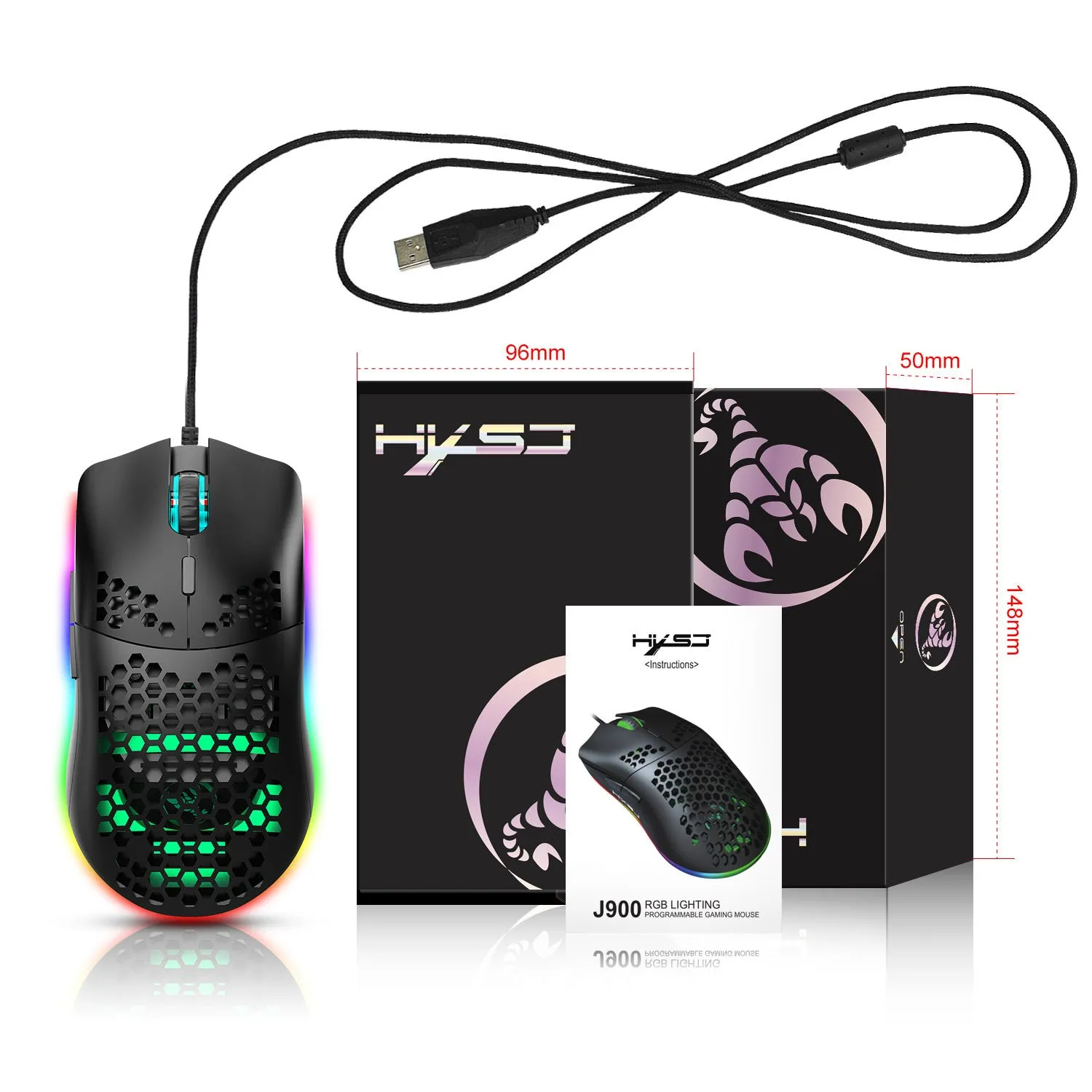 Lightweight honeycomb shell wired gaming mouse J900 RGB with 6 buttons, 150cm cable, black colour