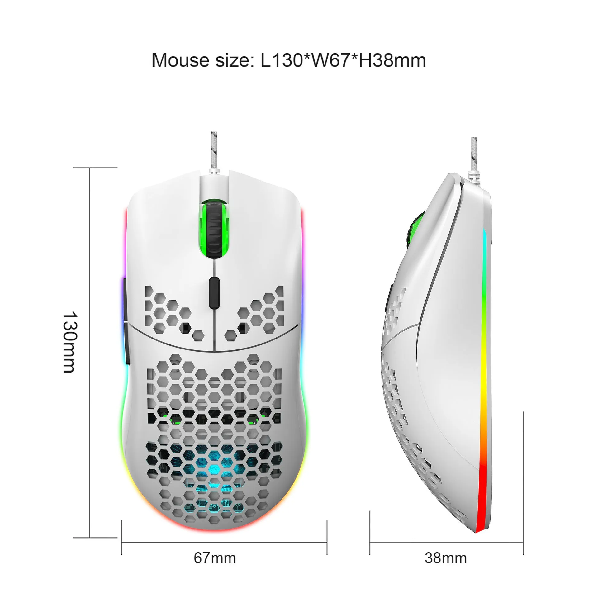 Lightweight honeycomb shell wired gaming mouse J900 RGB with 6 buttons, 150cm cable, black colour