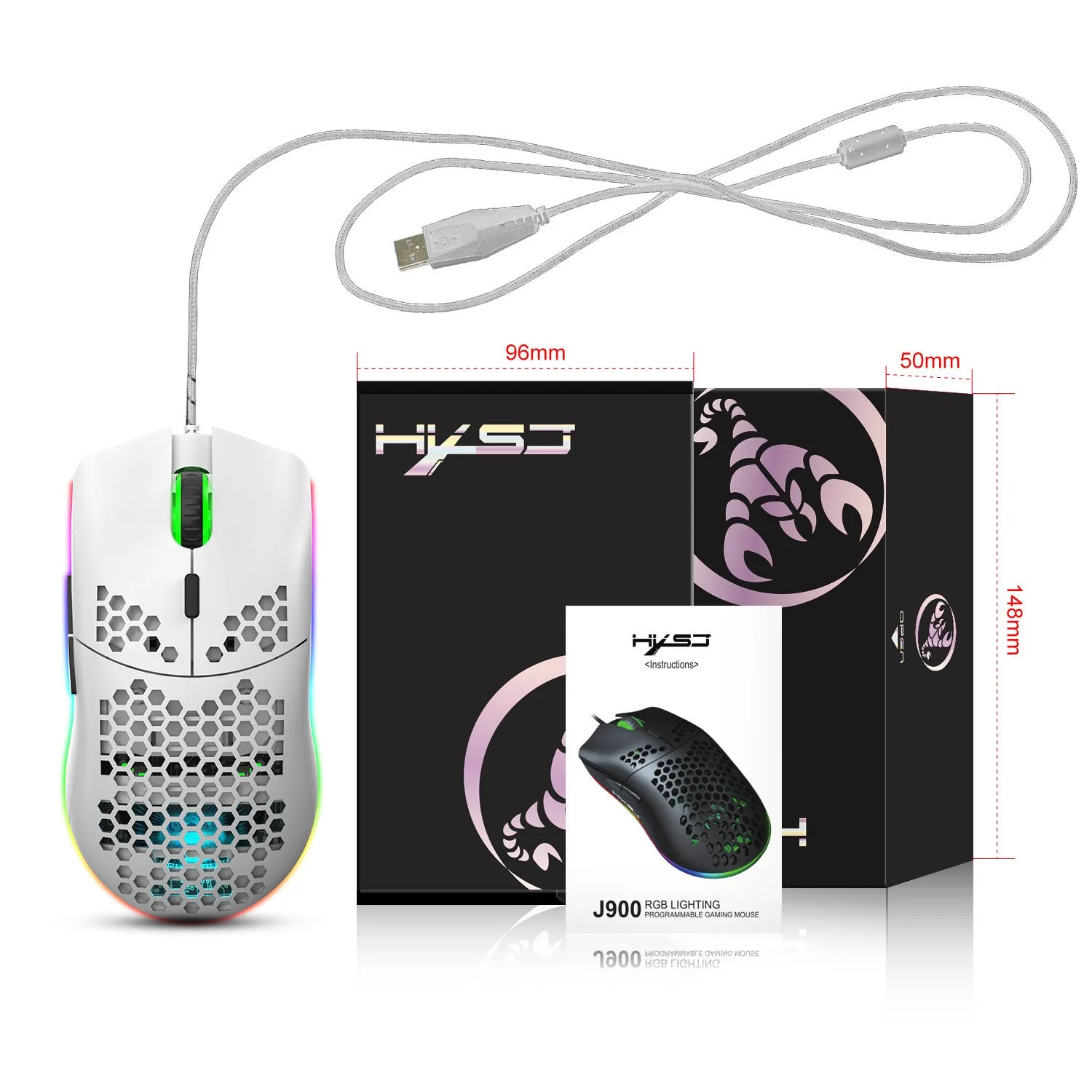 Lightweight honeycomb shell wired gaming mouse J900 RGB with 6 buttons, 150cm cable, black colour