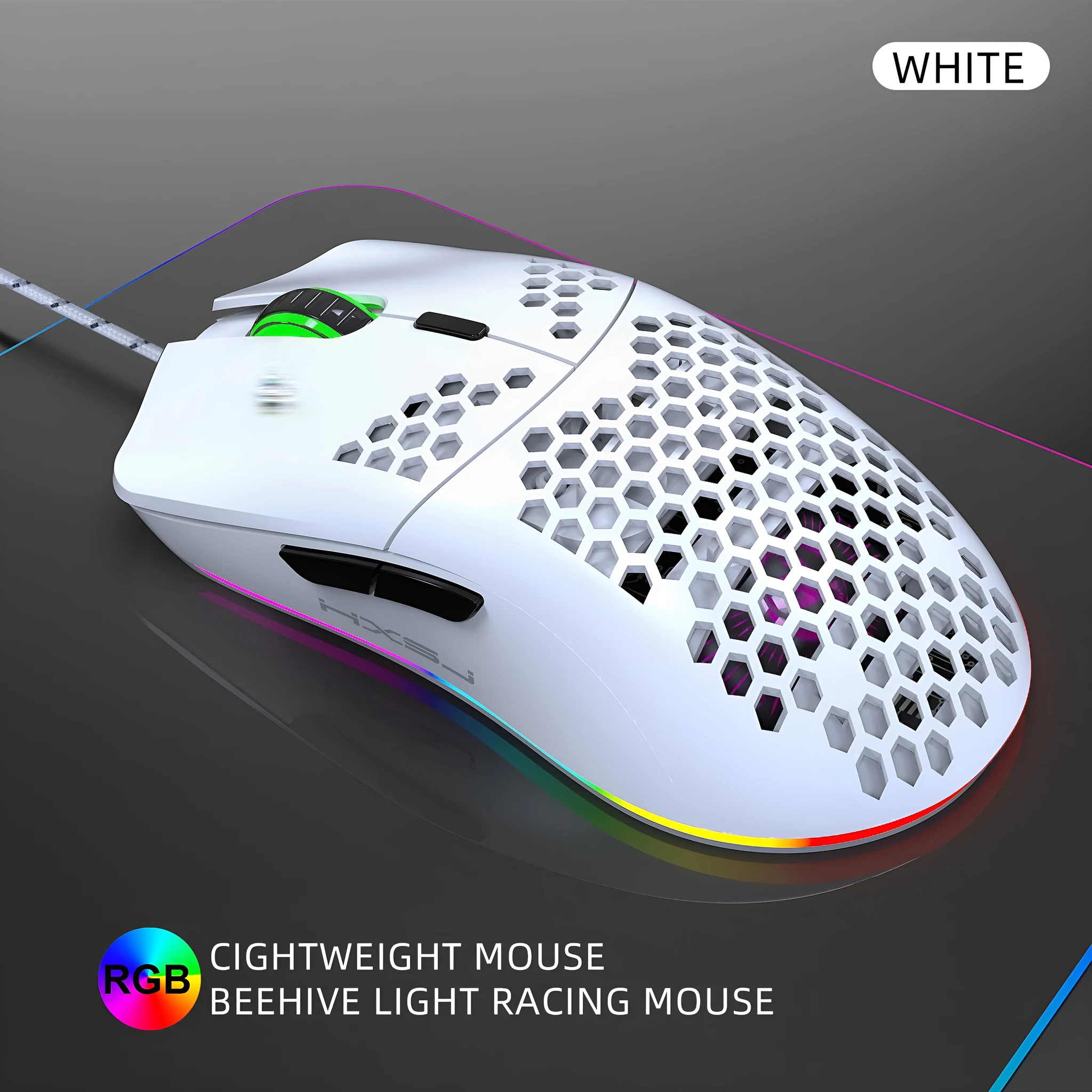 Lightweight honeycomb shell wired gaming mouse J900 RGB with 6 buttons, 150cm cable, black colour