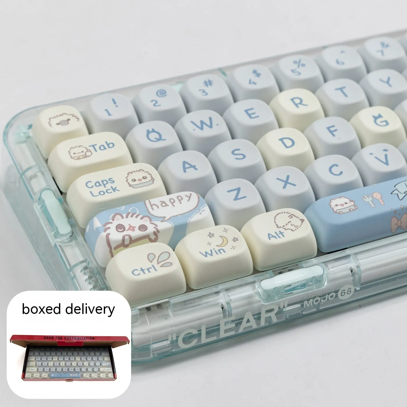 144-piece MOA height keycap set with cute meow block sublimation design and PBT construction for mechanical keyboards