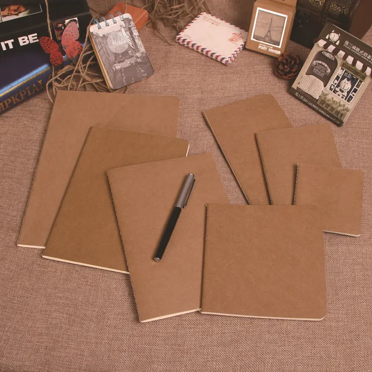 80g kraft paper notebook with blank pages, beige Dao Lin paper, and car thread stitch binding shown open on a flat surface