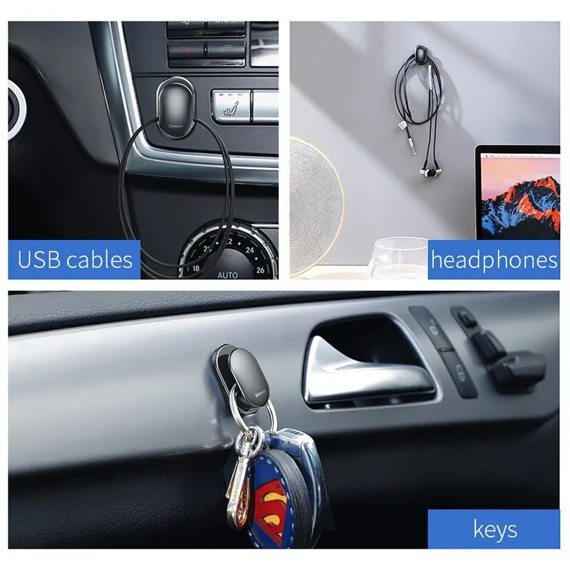 Black mini adhesive hook made from PC and ABS with 3M backing for car or home organisation