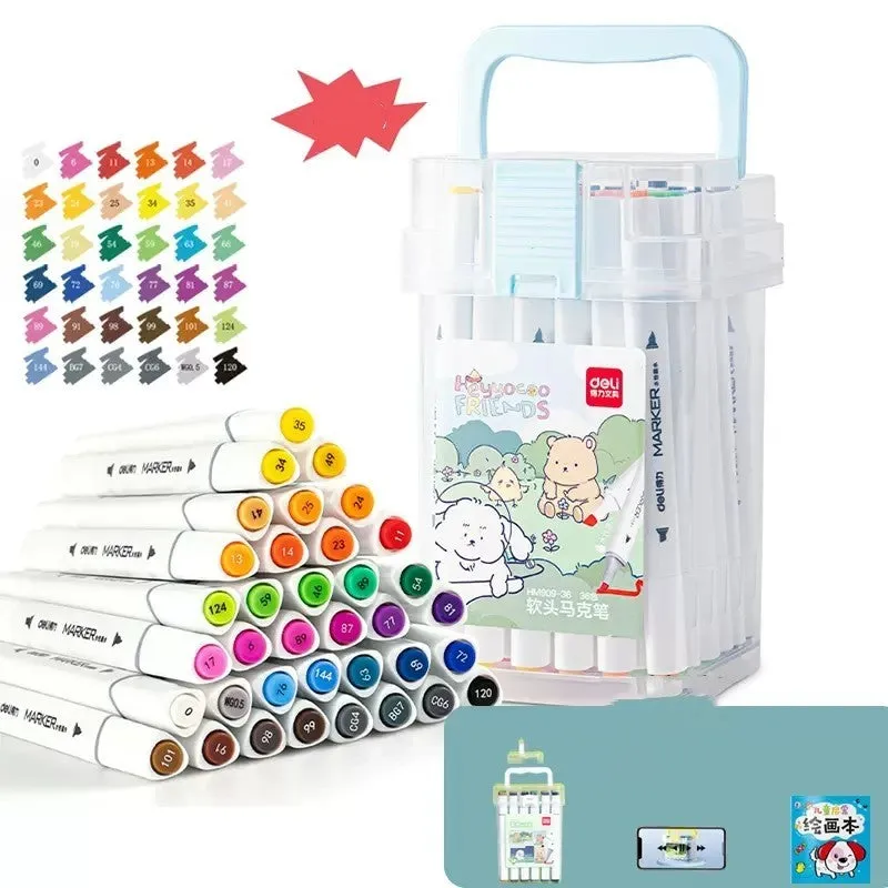 Double-head watercolour pen set showing black barrel, elastic soft tip, and 150mm length with cap