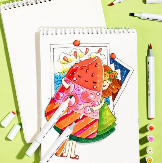 Double-head watercolour pen set showing black barrel, elastic soft tip, and 150mm length with cap