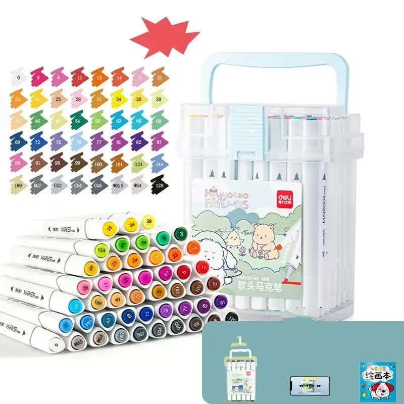 Double-head watercolour pen set showing black barrel, elastic soft tip, and 150mm length with cap