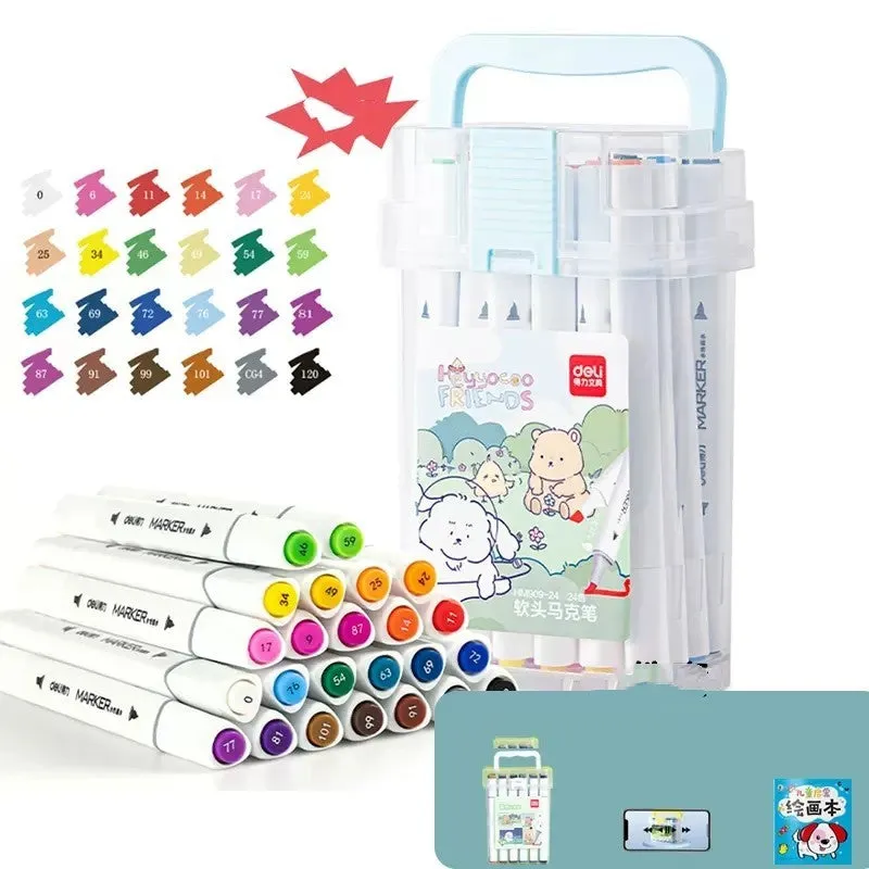 Double-head watercolour pen set showing black barrel, elastic soft tip, and 150mm length with cap