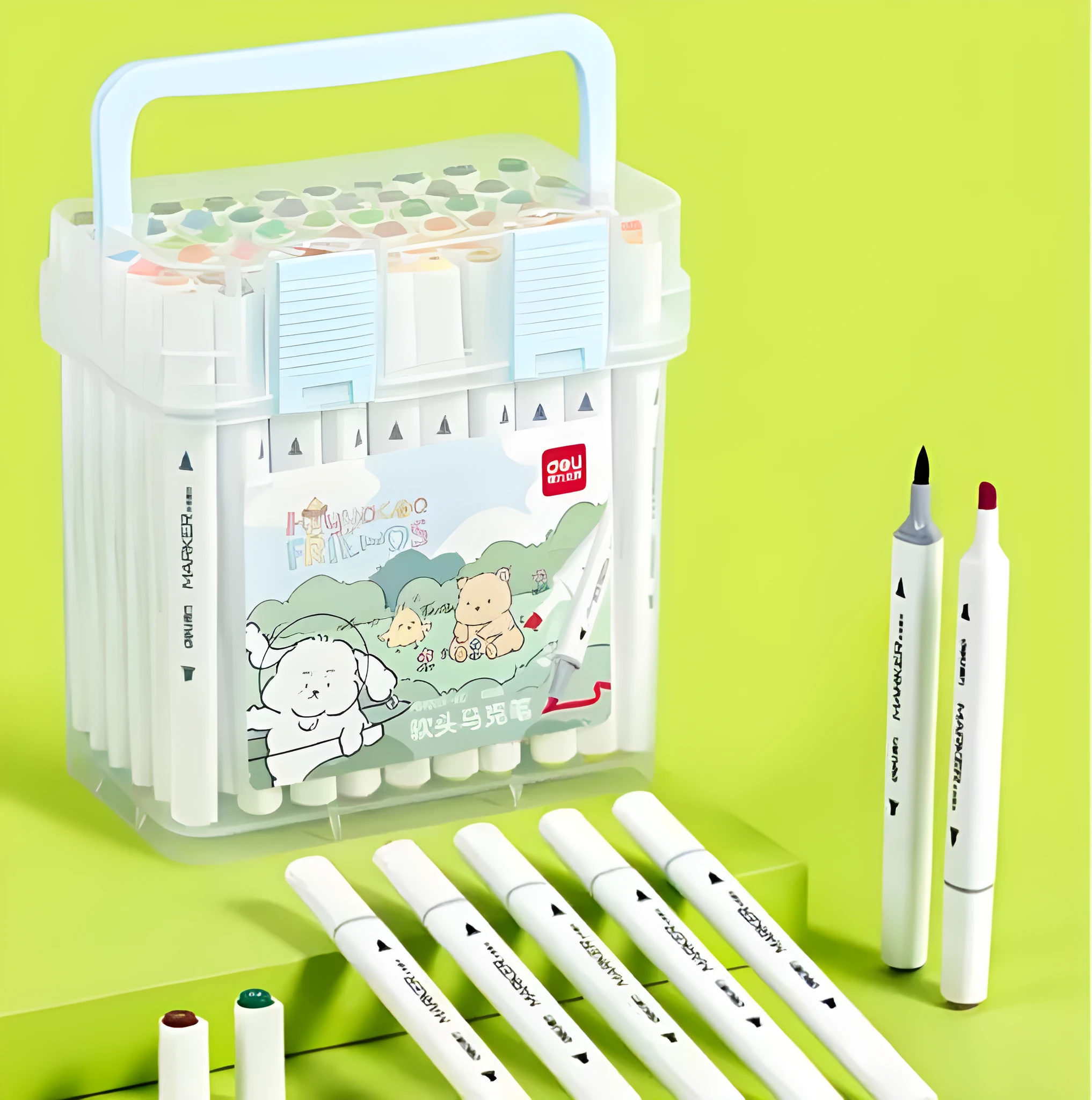Double-head watercolour pen set showing black barrel, elastic soft tip, and 150mm length with cap