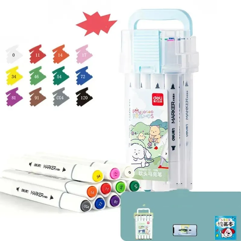 Double-head watercolour pen set showing black barrel, elastic soft tip, and 150mm length with cap