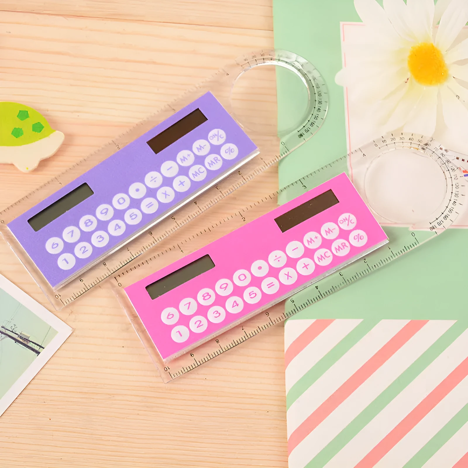 Solar mini calculator ruler magnifier ultra-thin transparent 8-digit display