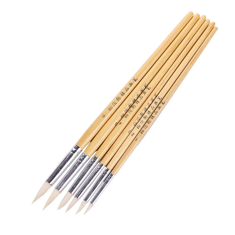 Wooden pen brush set containing six artist brushes with pointed hook line handles