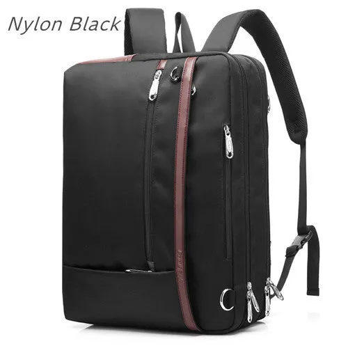 Nylon and canvas laptop backpack in gray, 17.3 inch size with multiple zippered pockets and organised interior