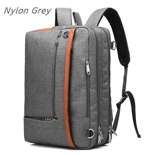 Nylon and canvas laptop backpack in gray, 17.3 inch size with multiple zippered pockets and organised interior