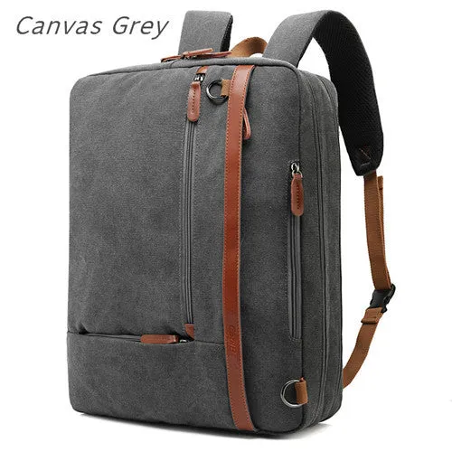 Nylon and canvas laptop backpack in gray, 17.3 inch size with multiple zippered pockets and organised interior