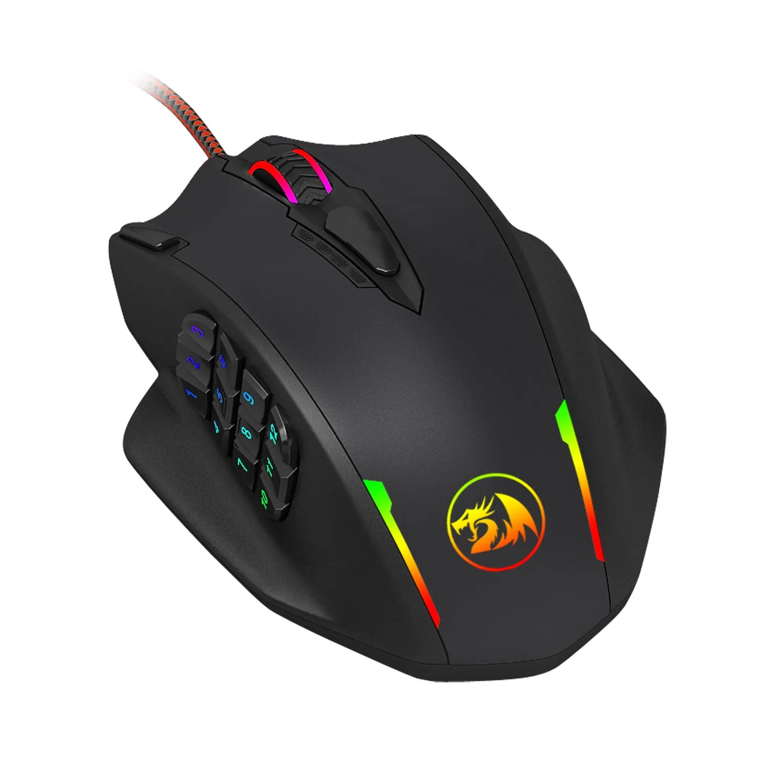Redragon M908 One-Hander Macro Defines gaming mouse in black with ergonomic contoured shape and anti-sweat leather material