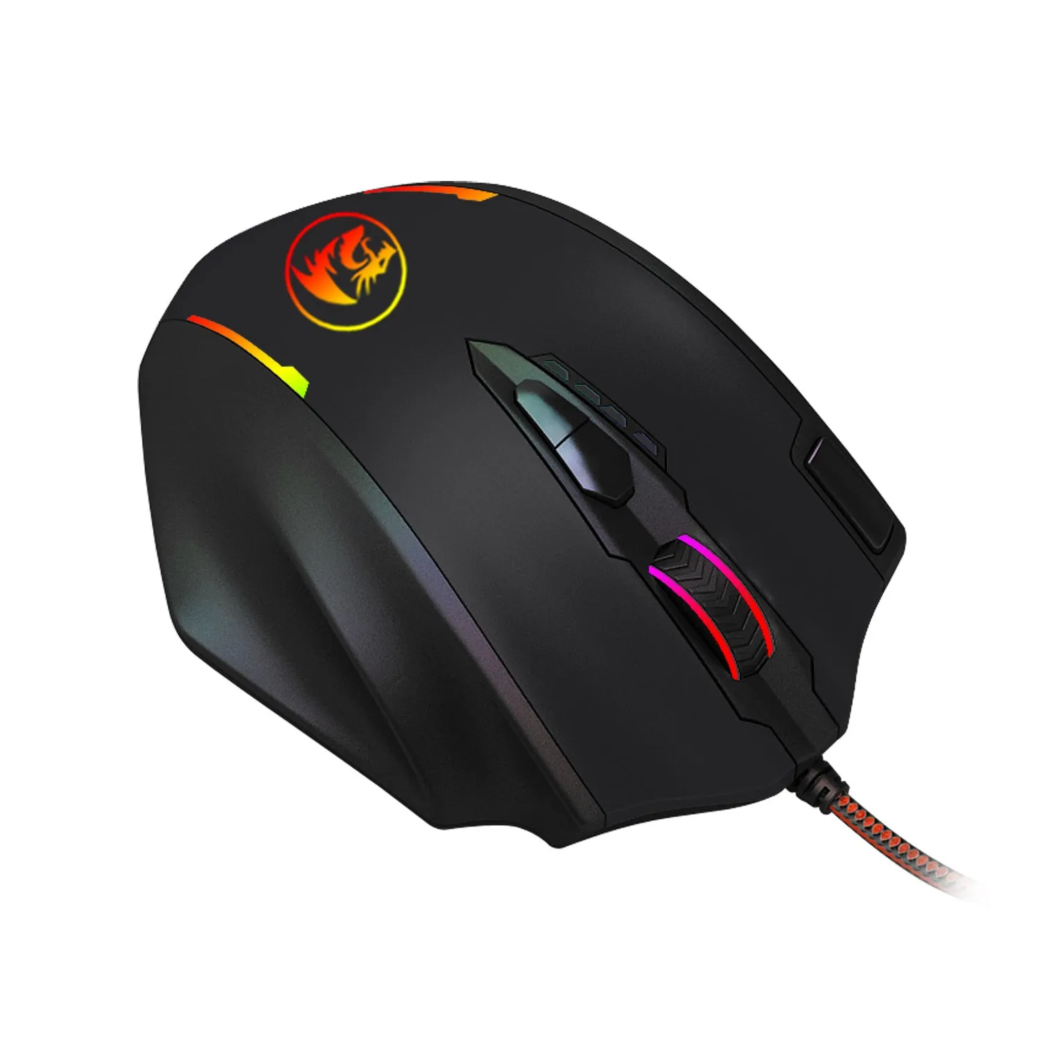 Redragon M908 One-Hander Macro Defines gaming mouse in black with ergonomic contoured shape and anti-sweat leather material