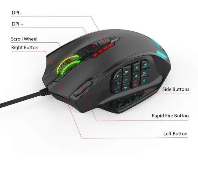 Redragon M908 One-Hander Macro Defines gaming mouse in black with ergonomic contoured shape and anti-sweat leather material