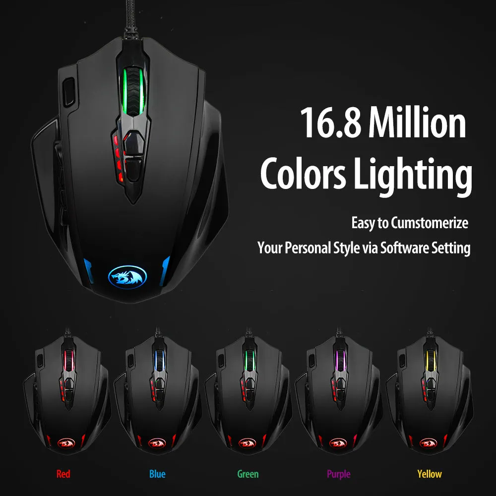 Redragon M908 One-Hander Macro Defines gaming mouse in black with ergonomic contoured shape and anti-sweat leather material