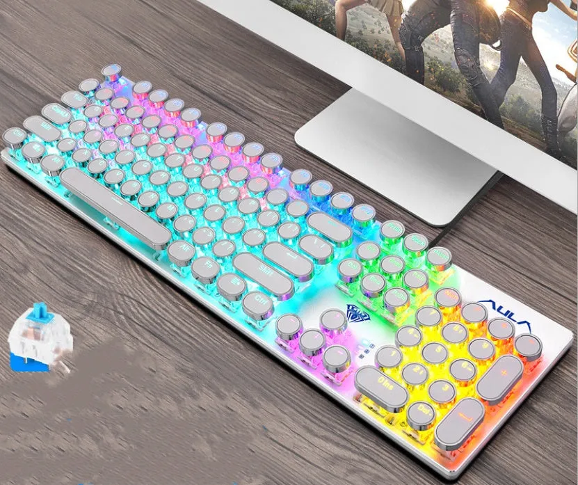 Steampunk Game Real Mechanical Keyboard 104 Keys Wired USB Anti-Ghosting Metal Panel Electroplated Gold Keycaps Mechanical Green Shaft 60 Million Keystrokes 1.6m Braided Cable 435x125x36mm Black Blue White Blue