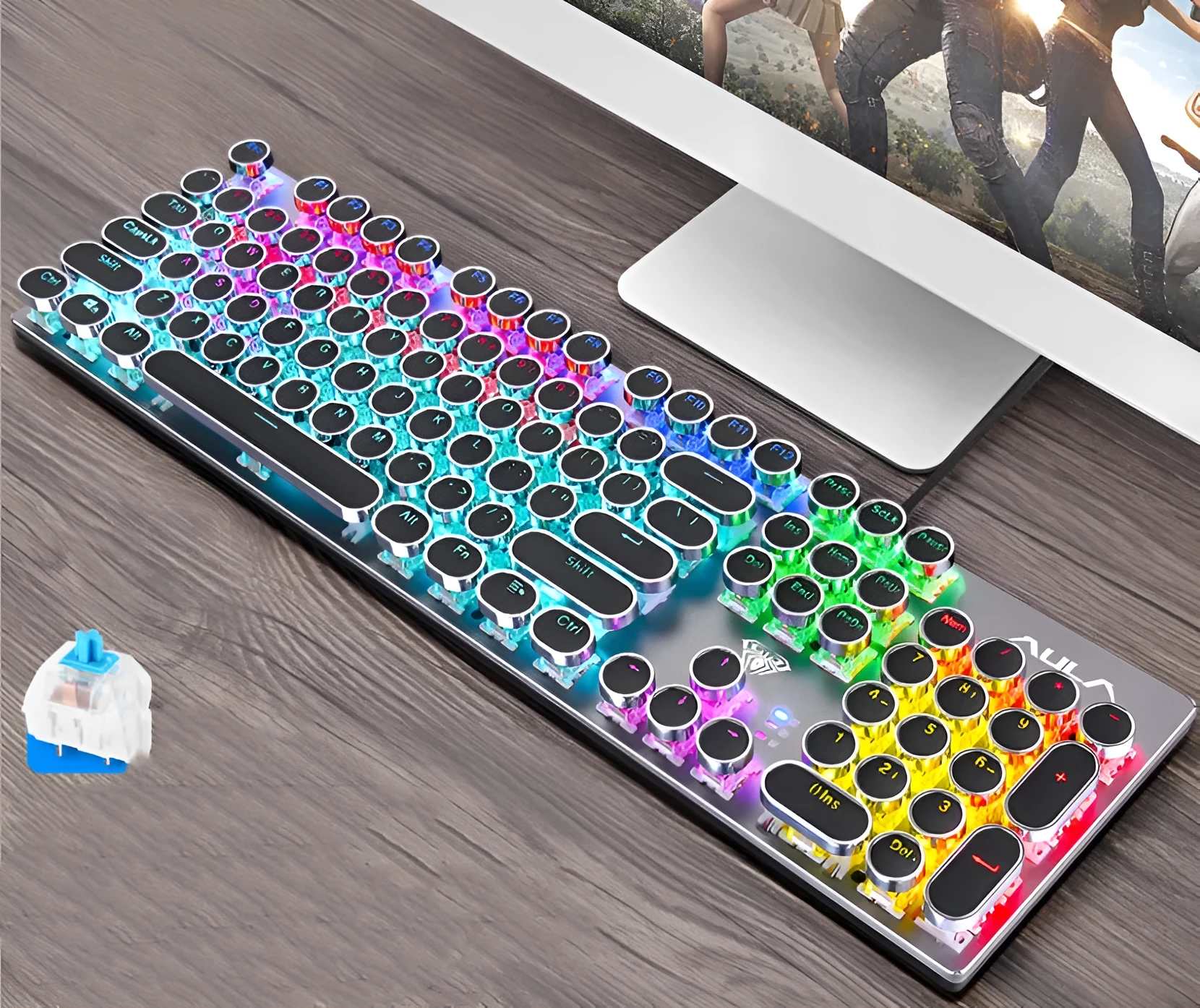 Steampunk Game Real Mechanical Keyboard 104 Keys Wired USB Anti-Ghosting Metal Panel Electroplated Gold Keycaps Mechanical Green Shaft 60 Million Keystrokes 1.6m Braided Cable 435x125x36mm Black Blue White Blue