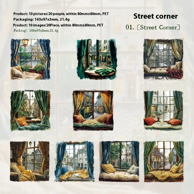 Set of six retro-style window scene decorative journal stickers on a sheet.