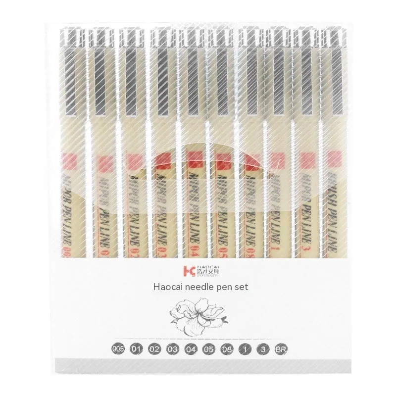Student waterproof needle pen hook line pen suit 12-piece black drawing set in PVC packaging